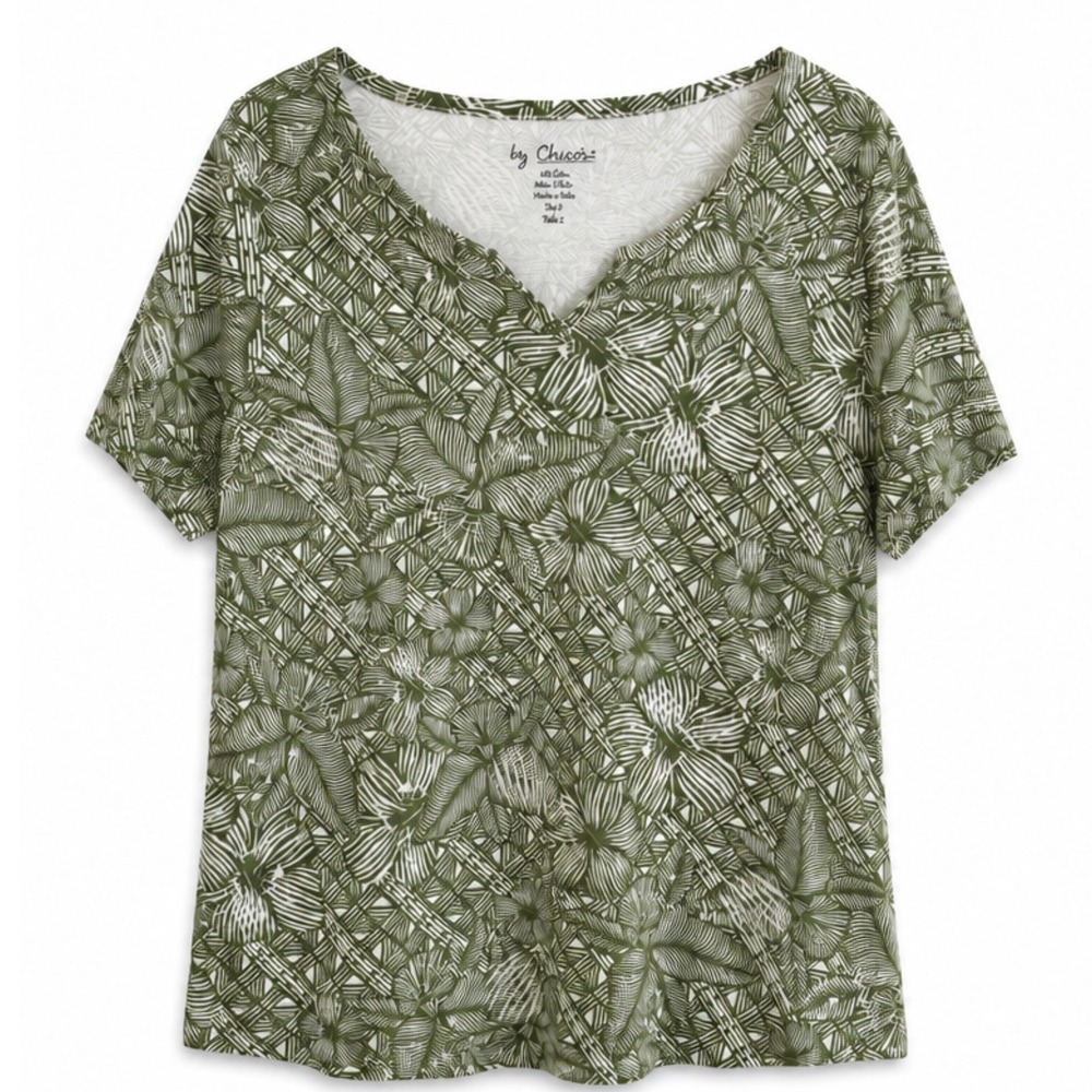 Chicos Green Floral Cotton Top Short‎ Sleeve Botanical Print Resort Wear Size 2